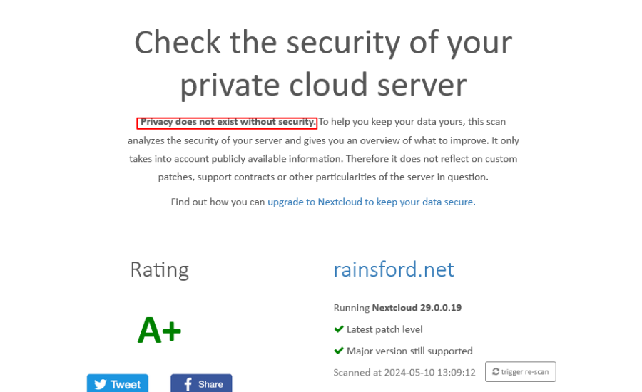 Rainsford.Net Nextcloud Security Scan-Results A +